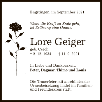 Anzeige von Lore Geiger von Reutlinger General-Anzeiger