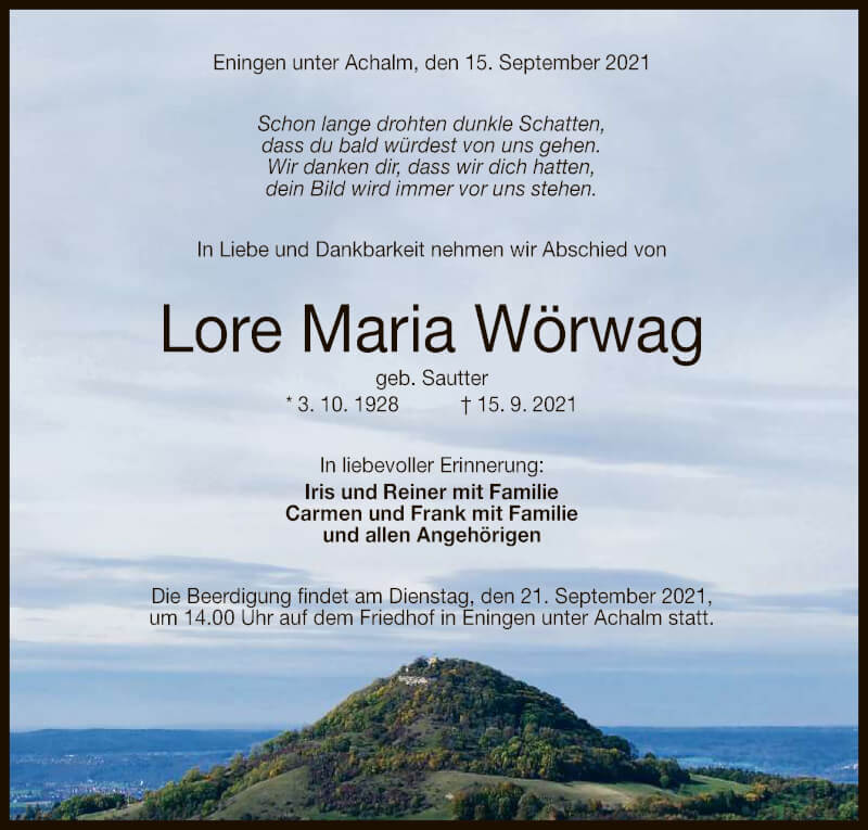  Traueranzeige für Lore Maria Wörwag vom 18.09.2021 aus Reutlinger General-Anzeiger