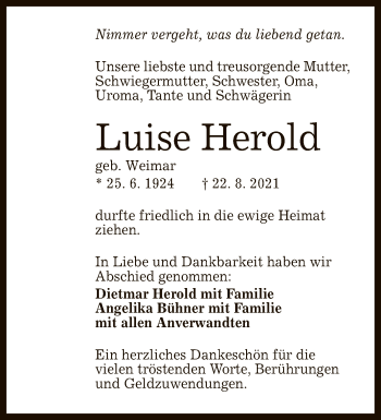 Anzeige von Luise Herold von Reutlinger General-Anzeiger