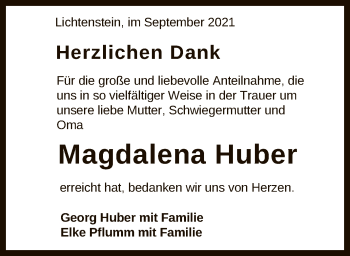 Anzeige von Magdalena Huber von Reutlinger General-Anzeiger