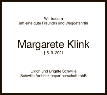 Anzeige von Margarete Klink von Reutlinger General-Anzeiger