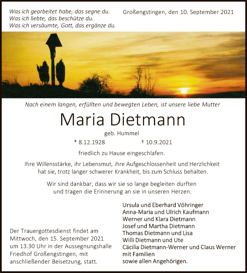  Traueranzeige für Maria Dietmann vom 14.09.2021 aus Reutlinger General-Anzeiger