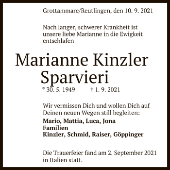 Anzeige von Marianne Kinzler Sparvieri von Reutlinger General-Anzeiger