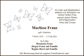 Anzeige von Marliese Franz von Reutlinger General-Anzeiger