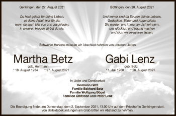 Anzeige von Martha und Gabi Betz, Lenz von Reutlinger General-Anzeiger