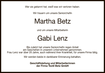 Anzeige von Martha und Gabi Betz, Lenz von Reutlinger General-Anzeiger