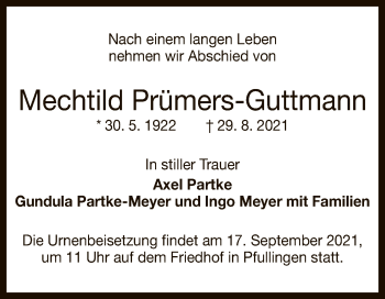 Anzeige von Mechtild Prümers-Guttmann von Reutlinger General-Anzeiger