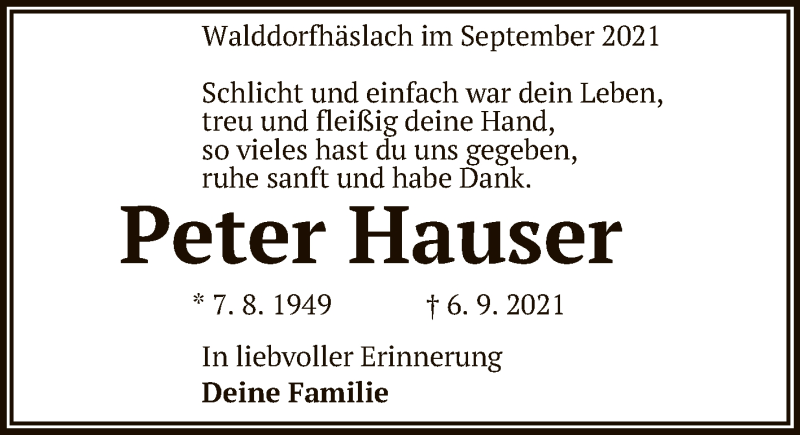  Traueranzeige für Peter Hauser vom 28.09.2021 aus Reutlinger General-Anzeiger