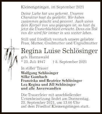 Anzeige von Regina Luise Schlösinger von Reutlinger General-Anzeiger