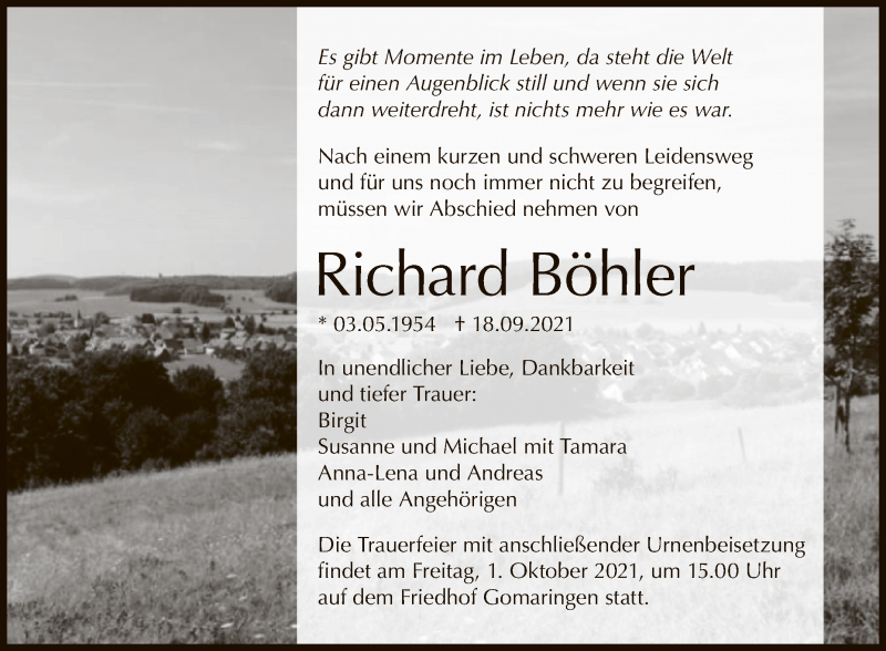  Traueranzeige für Richard Böhler vom 25.09.2021 aus Reutlinger General-Anzeiger