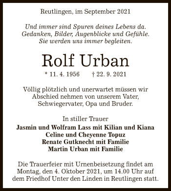 Anzeige von Rolf Urban von Reutlinger General-Anzeiger