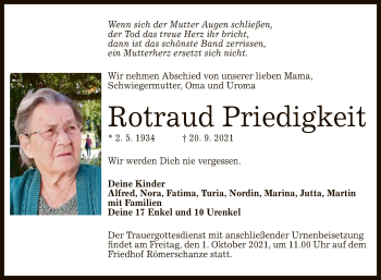 Anzeige von Rotraud Priedigkeit von Reutlinger General-Anzeiger