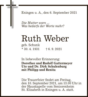 Anzeige von Ruth Weber von Reutlinger General-Anzeiger