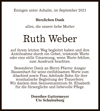 Anzeige von Ruth Weber von Reutlinger General-Anzeiger