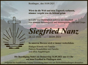 Anzeige von Siegfried Nanz von Reutlinger General-Anzeiger