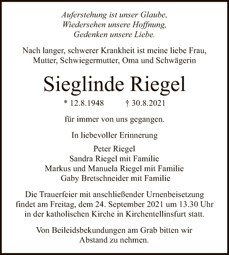  Traueranzeige für Sieglinde Riegel vom 04.09.2021 aus Reutlinger General-Anzeiger