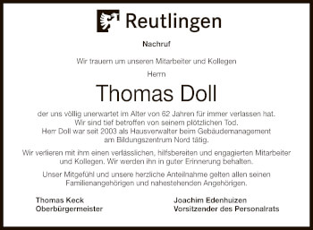 Anzeige von Thomas Doll von Reutlinger General-Anzeiger