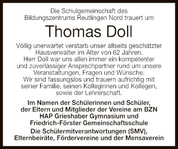 Anzeige von Thomas Doll von Reutlinger General-Anzeiger