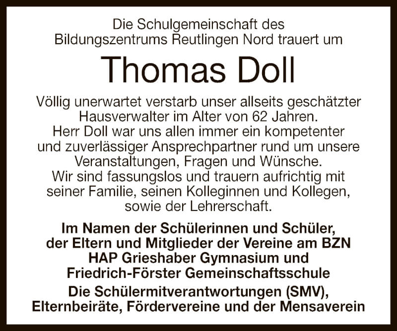  Traueranzeige für Thomas Doll vom 18.09.2021 aus Reutlinger General-Anzeiger