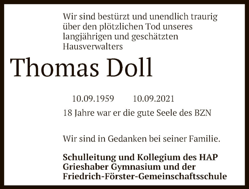  Traueranzeige für Thomas Doll vom 18.09.2021 aus Reutlinger General-Anzeiger