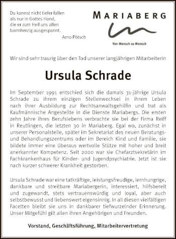 Anzeige von Ursula Schrade von Reutlinger General-Anzeiger