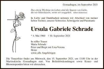 Anzeige von Ursula Gabriele Schrade von Reutlinger General-Anzeiger