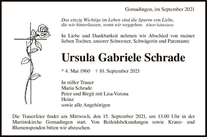  Traueranzeige für Ursula Gabriele Schrade vom 14.09.2021 aus Reutlinger General-Anzeiger