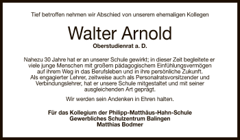 Anzeige von Walter Arnold von Reutlinger General-Anzeiger
