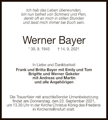 Anzeige von Werner Bayer von Reutlinger General-Anzeiger
