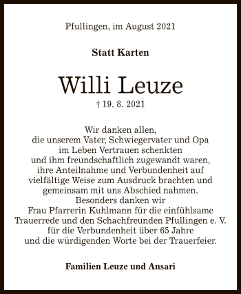 Anzeige von Willi Leuze von Reutlinger General-Anzeiger