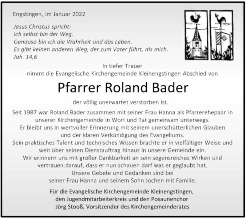  Traueranzeige für Roland Eugen Bader vom 15.01.2022 aus  REUTLINGER GENERAL-ANZEIGER