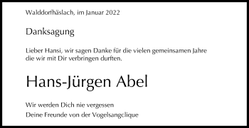 Anzeige von Hans-Jürgen Abel von Reutlinger General-Anzeiger