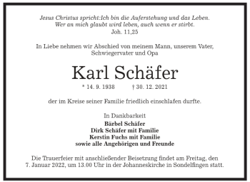 Anzeige von Karl Schäfer von REUTLINGER GENERAL-ANZEIGER