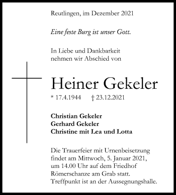 Anzeige von Heiner Gekeler von Reutlinger General-Anzeiger