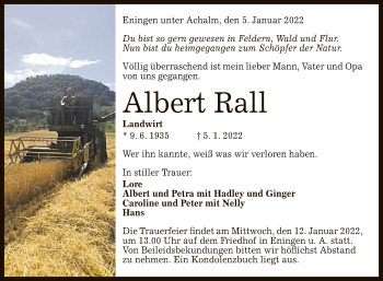 Anzeige von Albert Rall von Reutlinger General-Anzeiger