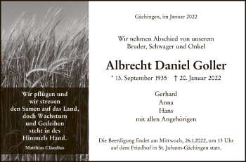 Anzeige von Albrecht Daniel Goller von Reutlinger General-Anzeiger