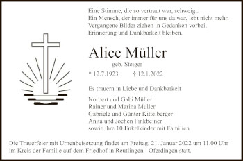 Anzeige von Alice Müller von Reutlinger General-Anzeiger