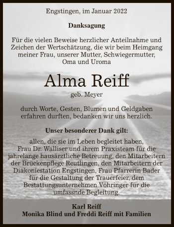 Anzeige von Alma Reiff von Reutlinger General-Anzeiger