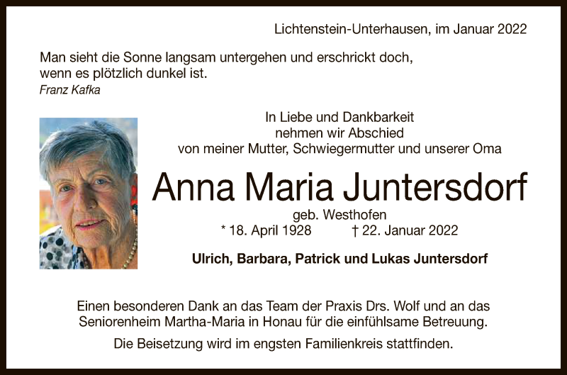  Traueranzeige für Anna Maria Juntersdorf vom 25.01.2022 aus Reutlinger General-Anzeiger