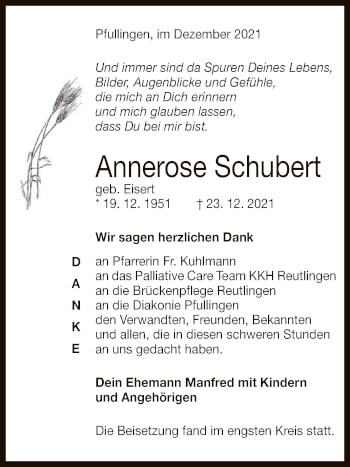 Anzeige von Annerose Schubert von Reutlinger General-Anzeiger