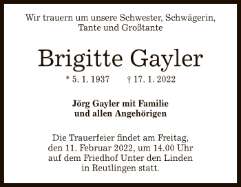 Anzeige von Brigitte Gayler von Reutlinger General-Anzeiger