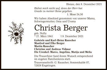 Anzeige von Christa Berger von Reutlinger General-Anzeiger