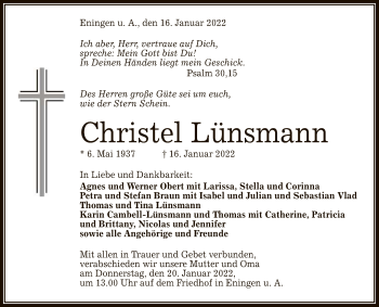 Anzeige von Christel Lünsmann von Reutlinger General-Anzeiger