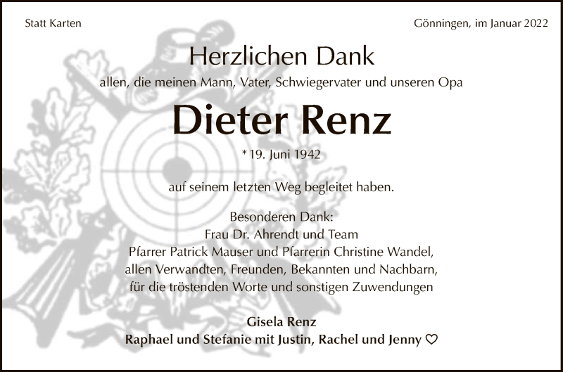  Traueranzeige für Dieter Renz vom 08.01.2022 aus Reutlinger General-Anzeiger