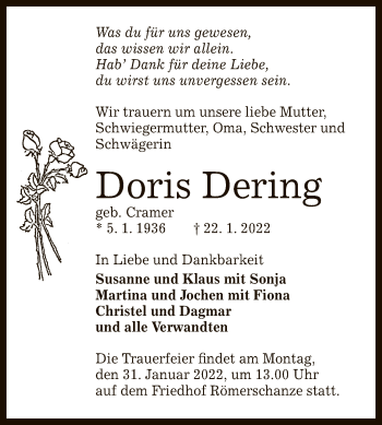 Anzeige von Doris Dering von Reutlinger General-Anzeiger