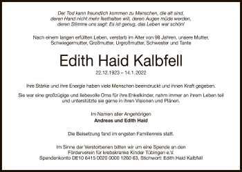 Anzeige von Edith Haid Kalbfell von Reutlinger General-Anzeiger