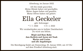 Anzeige von Ella Geckeler von Reutlinger General-Anzeiger