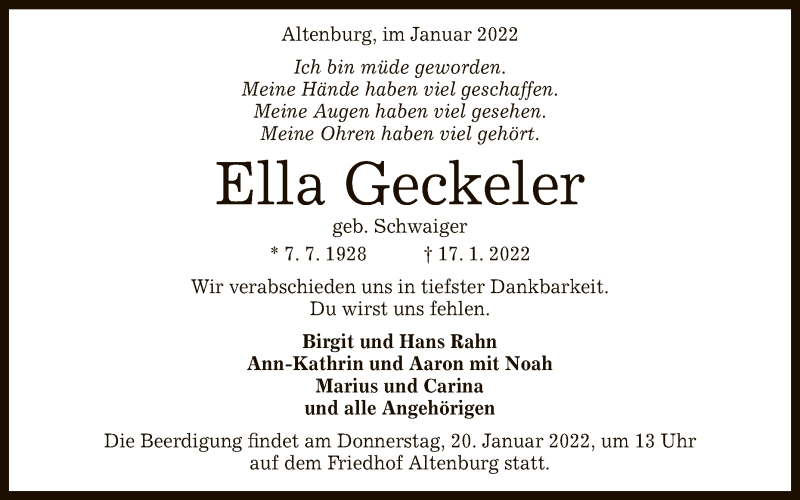  Traueranzeige für Ella Geckeler vom 18.01.2022 aus Reutlinger General-Anzeiger