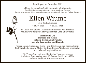 Anzeige von Ellen Wiume von Reutlinger General-Anzeiger