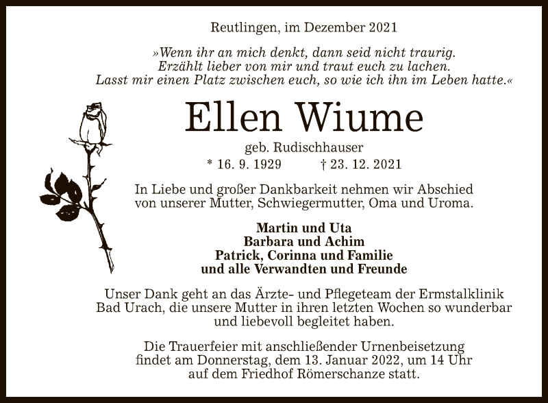  Traueranzeige für Ellen Wiume vom 05.01.2022 aus Reutlinger General-Anzeiger